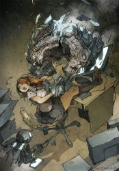 Rule 34 | 1girl, arm grab, artist name, brown hair, chair, computer, debris, demizu posuka, desk, feet on table, from above, glowing, keyboard (computer), long hair, monitor, office chair, open mouth, original, pone, robot, school uniform, solo, struggling, swivel chair, tablet pc