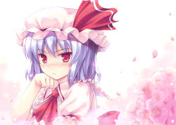 Rule 34 | 1girl, ascot, blue hair, blush, cherry blossoms, head rest, fang, female focus, flower, hat, hinooka shuuji, light purple hair, looking at viewer, petals, red eyes, remilia scarlet, solo, touhou, tsurime, upper body