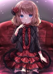 Rule 34 | 1girl, black jacket, black necktie, black thighhighs, blue eyes, bracelet, brown hair, commentary request, couch, dress, flower, frilled dress, frills, hair flower, hair ornament, highres, idolmaster, idolmaster million live!, idolmaster million live! theater days, jacket, jewelry, lace, lace-trimmed skirt, lace trim, layered dress, layered skirt, looking at viewer, nail polish, necktie, red dress, red flower, red nails, red rose, rose, short hair, sitting, skirt, solo, sorashima (117), suou momoko, thighhighs, tintme!, zettai ryouiki