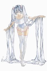 Rule 34 | 1girl, absurdly long hair, absurdres, blue eyes, closed mouth, commentary, commentary request, covered navel, english commentary, full body, grey hair, hair between eyes, hair ornament, hair scrunchie, hataya, hatsune miku, highres, leaning forward, leotard, liquid hair, long hair, looking at viewer, mixed-language commentary, nail polish, off-shoulder leotard, outstretched arms, pink nails, scrunchie, simple background, smile, solo, standing, thighhighs, translucent hair, twintails, very long hair, vocaloid, water, white background, white leotard, white scrunchie, white thighhighs