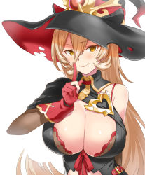 Rule 34 | 1girl, bare shoulders, black hat, blonde hair, breasts, cleavage, clothing cutout, fang, gloves, gold trim, hair between eyes, hand up, hat, index finger raised, large breasts, long hair, looking at viewer, nijisanji, nui sociere, nui sociere (1st costume), orange eyes, partially fingerless gloves, red gloves, slit pupils, smile, solo, stomach cutout, upper body, very long hair, virtual youtuber, wing collar, witch hat, zaxwu