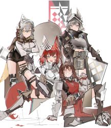 Rule 34 | 4girls, absurdres, animal ears, arknights, armor, armored boots, armored dress, ashlock (arknights), boots, brown hair, fartooth (arknights), flametail (arknights), grey eyes, grey hair, high-waist shorts, highres, jumbowhopper, long hair, material growth, multiple girls, oripathy lesion (arknights), red eyes, red hair, shield, shorts, simple background, smile, tabard, tail, thigh strap, thighs, white background, wild mane (arknights), yellow eyes