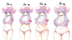 Rule 34 | 1girl, arms behind back, belly, bra, breasts, frown, hat, hiro (h-net), large breasts, long hair, mob cap, navel, panties, patchouli knowledge, plump, progression, purple bra, purple hair, purple panties, red eyes, seductive smile, simple background, smile, thick thighs, thighs, touhou, underwear, underwear only, weight gain, wide hips