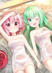 Rule 34 | 2girls, ;d, arm up, armpits, bare arms, bare shoulders, bath, blue eyes, blush, breasts, cleavage, collarbone, female focus, from above, green hair, hand on own chest, happy, highres, holding hands, komeiji koishi, komeiji satori, long hair, looking at viewer, lying, multiple girls, naked towel, neck, ominaeshi (takenoko), on back, one eye closed, onsen, open mouth, parted lips, partially submerged, pink eyes, pink hair, short hair, siblings, sisters, small breasts, smile, touhou, towel, water, wet, wet hair, wink