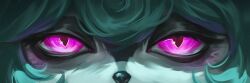 Rule 34 | 1girl, close-up, eye focus, glowing, glowing eyes, green hair, highres, league of legends, looking at viewer, pale skin, pink eyes, straight-on, timo (timotimo628), vex (league of legends), yordle
