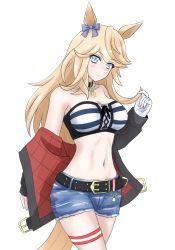 Rule 34 | 1girl, animal ears, bandeau, bare shoulders, belt, black belt, black choker, black jacket, blonde hair, blue bow, blue eyes, blush, bow, breasts, choker, cleavage, commentary, cowboy shot, denim, denim shorts, gloves, gold city (umamusume), hair bow, hand up, highres, horse ears, jacket, large breasts, long hair, long sleeves, looking at viewer, midriff, navel, off shoulder, open clothes, open jacket, short shorts, shorts, simple background, solo, standing, stomach, strapless, striped bandeau, swept bangs, tail, thigh strap, thighs, tube top, umamusume, very long hair, white background, white gloves, yamada yama