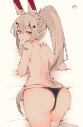 Rule 34 | 1girl, ass, ayanami (azur lane), azur lane, bandaid, black panties, blush, commentary, fingernails, hair between eyes, hair ornament, headgear, highres, lace, light brown hair, long hair, looking at viewer, looking back, lying, muuran, on stomach, panties, ponytail, sidelocks, signature, solo, thighhighs, topless, underwear, underwear only, white background, white thighhighs, yellow eyes