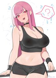 Rule 34 | 1girl, ?, absurdres, alternate costume, black choker, black tank top, black wristband, blush, breasts, choker, collarbone, covered erect nipples, curvy, dazz chan, dolphin shorts, fang, full-face blush, highres, hololive, hololive english, large breasts, long hair, looking at viewer, mori calliope, navel, pink hair, red eyes, shirt, shorts, sideboob, skin fang, solo, speech bubble, spoken question mark, steam, sweat, tank top, twitter username, virtual youtuber, wet, wet clothes, wet shirt, wide hips