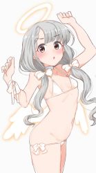 Rule 34 | absurdres, angel, arms up, ass, blush, bow, bow panties, bra, breasts, choker, clenched hands, collarbone, commentary, grey eyes, grey hair, hair bow, halo, highres, hisakawa nagi, idolmaster, idolmaster cinderella girls, long hair, looking at viewer, low twintails, navel, open mouth, panties, panty pull, ribbon, small breasts, solo, thighs, twintails, underwear, v-shaped eyebrows, wasabijoyu76, white background, white bra, white panties, wings, wrist ribbon