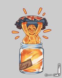 Rule 34 | 1girl, arms up, blonde hair, breasts, carrying overhead, colored skin, completely nude, english text, glass, grey background, highres, holding lid, in container, jar, large breasts, lid, loen, long hair, looking at viewer, monster girl, nude, original, personification, plaid, slime girl, solo, swept bangs, twitter username, yellow eyes, yellow skin