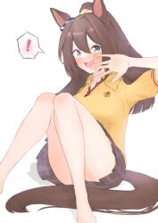 Rule 34 | !, 1girl, absurdres, animal ears, barefoot, beautifulinsnow, black skirt, blue eyes, blush, brown hair, commentary request, ear ornament, el condor pasa (umamusume), feet out of frame, hair between eyes, hand on own hip, highres, horse ears, horse girl, horse tail, long hair, looking at viewer, mask, no mask, official alternate costume, open mouth, plaid, plaid skirt, ponytail, puffy short sleeves, puffy sleeves, shirt, short sleeves, simple background, skirt, smile, solo, spoken exclamation mark, tail, umamusume, very long hair, white background, wristband, yellow shirt