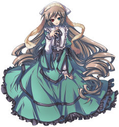 Rule 34 | 00s, 1girl, brown hair, cota, dress, drill hair, frills, green eyes, hat, heterochromia, long hair, long sleeves, lowres, red eyes, ribbon, rozen maiden, solo, suiseiseki, twin drills, twintails, very long hair