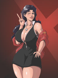 Rule 34 | 1girl, absurdres, agrothewanderer, alternate breast size, bare legs, black dress, breasts, cross, cross necklace, curvy, dress, hand on own hip, highres, jewelry, katsuragi misato, large breasts, lips, long hair, necklace, neon genesis evangelion, one eye closed, smile, solo, v, wide hips, wink
