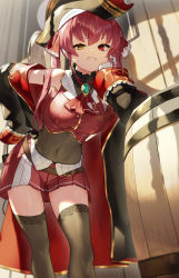 Rule 34 | 1girl, absurdres, ascot, barrel, black coat, black thighhighs, breasts, brooch, coat, covered navel, crop top, grin, hair ribbon, heterochromia, highres, hololive, houshou marine, jewelry, large breasts, long hair, looking at viewer, off shoulder, pirate, pirate costume, red eyes, red hair, red ribbon, red skirt, ribbon, scottie (phantom2), skirt, sleeveless, smile, solo, thighhighs, thighs, twintails, virtual youtuber, yellow eyes