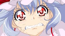 Rule 34 | 1girl, blue hair, blush, bow, clenched teeth, close-up, female focus, hat, hat bow, hat ribbon, highres, kise yayoi, ltd border, parody, precure, red eyes, remilia scarlet, ribbon, short hair, smile precure!, solo, tears, teeth, touhou, wavy mouth
