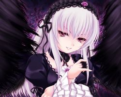 Rule 34 | 00s, 1girl, feathers, hairband, long hair, purple eyes, rozen maiden, smile, solo, suigintou, uni8, white hair, wings