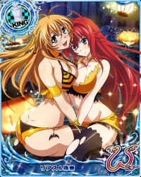 Rule 34 | 00s, 10s, 2girls, ahoge, antenna hair, ass, bikini, blue eyes, blush, bracelet, breasts, butt crack, card (medium), character name, chess piece, cleavage, crossover, dimples of venus, halloween, high school dxd, high school dxd new, huge ahoge, ikkitousen, ikkitousen great guardians, jewelry, king (chess), large breasts, long hair, multiple girls, official art, open mouth, orange hair, red hair, rias gremory, smile, sonsaku hakufu, swimsuit, thighhighs, torn clothes, trading card, very long hair
