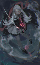 Rule 34 | 1girl, ankle boots, arknights, belt, black footwear, black gloves, boots, capelet, closed mouth, earrings, from above, full body, glint, gloves, grey hair, head wings, high-waist skirt, highres, holding, holding lantern, holding sword, holding weapon, irene (arknights), jewelry, lantern, long hair, long sleeves, looking at viewer, looking up, outdoors, pantyhose, pink eyes, pink skirt, print skirt, rain, samo (shichun samo), scar, scar across eye, scar on face, skirt, solo, sword, very long hair, weapon, white capelet, white pantyhose, white skirt, wings