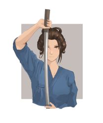 Rule 34 | 1girl, absurdres, alternate costume, brown eyes, color ink (medium), commentary request, emma the gentle blade, forehead, hair bun, highres, japanese clothes, katana, kimono, looking at viewer, old face, one eye covered, sekiro: shadows die twice, serious, sheath, short hair, single hair bun, solo, spoilers, sword, unsheathing, updo, weapon