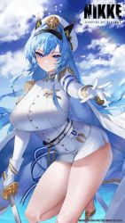 Rule 34 | 1girl, aqua hair, armband, bird, blue eyes, breasts, closed mouth, cloud, epaulettes, gloves, goddess of victory: nikke, hat, helm (nikke), highres, holding, holding sword, holding weapon, huge breasts, ichibi, logo, long hair, long sleeves, looking at viewer, medal, military, military uniform, official art, short shorts, shorts, sky, solo, sparkle, sword, thighs, uniform, very long hair, weapon, white footwear, white gloves, white hat, white shorts
