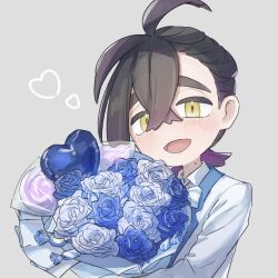 Rule 34 | 1boy, black hair, blue flower, blue rose, blush, bouquet, candy, collared shirt, creatures (company), crossed bangs, flower, food, game freak, grey background, hair between eyes, highres, holding, holding bouquet, jacket, kieran (pokemon), lollipop, long sleeves, looking at viewer, male focus, mole, mole on neck, mtitp54, multicolored hair, nintendo, open mouth, pokemon, pokemon sv, purple hair, rose, shirt, simple background, solo, upper body, white jacket, yellow eyes
