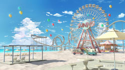 Rule 34 | absurdres, amusement park, artist name, balloon, beach, bench, blue sky, chinese commentary, chinese text, cloud, commentary request, cup, day, highres, moonslanstudio, motor vehicle, no humans, ocean, original, sand, scenery, shade, sky, stool, sunlight, table, umbrella, van