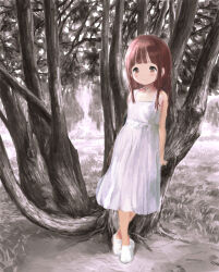Rule 34 | 1girl, arms behind back, blunt bangs, blush, crossed legs, dress, forest, full body, leaning on object, long hair, looking ahead, nature, original, outdoors, painting (medium), red eyes, red hair, shoes, sidelocks, solo, standing, strap, tamerai zero, traditional media, tree, white dress