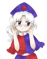 Rule 34 | 1girl, :o, blue dress, blue hat, constellation print, cross, dress, glasses, grey eyes, hands up, hat, long hair, looking to the side, nonamejd, nurse cap, official style, pince-nez, red cross, red dress, simple background, solo, touhou, two-tone dress, white background, white hair, yagokoro eirin, zun (style)