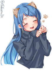 Rule 34 | 1girl, animal ears, black shirt, blue eyes, blue hair, blush, cat ears, closed mouth, cropped torso, ebifurya, extra ears, highres, kantai collection, long hair, long sleeves, paw pose, paw print, samidare (kancolle), shirt, simple background, smile, solo, symbol-only commentary, twitter username, very long hair, white background