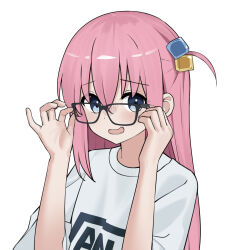Rule 34 | 1girl, bespectacled, black-framed eyewear, blue eyes, blush, bocchi the rock!, casual, chinese commentary, clothes writing, commentary, cube hair ornament, glasses, gotoh hitori, hair between eyes, hair ornament, hands up, highres, logo, long hair, looking at viewer, nagisa (cxcx5235), one side up, open mouth, pink-framed eyewear, pink hair, product placement, shirt, short sleeves, solo, t-shirt, two-tone eyewear, upper body, vans, wavy mouth, white background, white shirt, wispy bangs