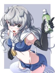 Rule 34 | 1girl, 547th sy, black gloves, blue skirt, bottle, commentary request, crop top, dated, gloves, gradient neckerchief, grey eyes, grey hair, hair ornament, highres, holding, holding bottle, hood, hood down, hooded jacket, i-201 (kancolle), jacket, kantai collection, long hair, long sleeves, looking at viewer, midriff, open mouth, pencil skirt, sailor collar, signature, simple background, skirt, solo, two-tone background, white sailor collar, x hair ornament