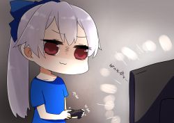 Rule 34 | 1girl, blue bow, blue shirt, bow, chibi, closed mouth, collarbone, controller, fate/grand order, fate (series), flat screen tv, game controller, grey background, hair bow, highres, holding, i.u.y, long hair, ponytail, red eyes, shaded face, shirt, short sleeves, silver hair, solo, television, tomoe gozen (fate), translation request, very long hair