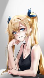 Rule 34 | 1girl, absurdres, arm support, bandaid, bandaid on cheek, bandaid on face, bare shoulders, black shirt, blonde hair, blue eyes, breasts, casual, cleavage, goddess of victory: nikke, grin, hair between eyes, hand on own cheek, hand on own face, highres, laplace (nikke), long hair, looking at viewer, medium breasts, shirt, sidelocks, smile, solo, tank top, twintails, upper body, yoshioka (user zgdv8288)
