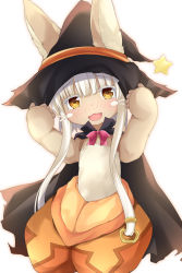 Rule 34 | 1other, alternate costume, animal ears, black cape, blunt bangs, blush stickers, bow, bowtie, cape, ears through headwear, furry, halloween, hand on headwear, hat, looking at viewer, low tied hair, maccha, made in abyss, nanachi (made in abyss), open mouth, orange pants, pants, rabbit ears, red bow, sidelocks, simple background, smile, solo, star (symbol), translation request, whiskers, white background, white hair, witch hat, yellow eyes