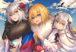 Rule 34 | 3girls, :d, :o, ahoge, bad id, bad pixiv id, black ribbon, blonde hair, blue eyes, blue sky, blurry, blurry background, capelet, chestnut mouth, cloud, cloudy sky, commentary request, coyucom, day, depth of field, fate/grand order, fate (series), floral print, flower, fur-trimmed capelet, fur collar, fur trim, green ribbon, hair between eyes, hair flower, hair ornament, hair ribbon, hands up, head tilt, holding, japanese clothes, jeanne d&#039;arc (fate), jeanne d&#039;arc (new beginning) (fate), jeanne d&#039;arc (ruler) (fate), jeanne d&#039;arc alter (fate), jeanne d&#039;arc alter (new beginning) (fate), jeanne d&#039;arc alter santa lily (fate), jeanne d&#039;arc alter santa lily (new beginning) (fate), kimono, long hair, looking at viewer, multiple girls, official alternate costume, open mouth, outdoors, parted lips, red flower, ribbon, short hair, side-by-side, sidelocks, silver hair, sky, smile, star (symbol), star hair ornament, white capelet, yellow eyes