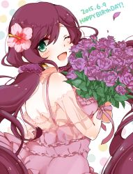 Rule 34 | 10s, 1girl, 2015, ;d, bad id, bad pixiv id, bouquet, dated, dress, flower, green eyes, hair flower, hair ornament, happy birthday, love live!, love live! school idol festival, love live! school idol project, one eye closed, open mouth, polka dot, polka dot background, purin0, purin (purin0), purple dress, purple hair, scrunchie, smile, solo, tojo nozomi, twintails