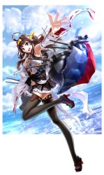 Rule 34 | 10s, 1girl, absurdres, ahoge, blue sky, brown eyes, brown hair, cannon, day, detached sleeves, double bun, full body, hairband, highres, kantai collection, kongou (kancolle), long hair, looking at viewer, mashima misuzu, nontraditional miko, open mouth, outstretched arm, outstretched hand, skirt, sky, smile, solo, sparkle, thighhighs, water, zettai ryouiki