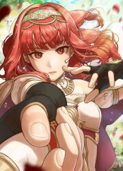 Rule 34 | 1girl, armor, armored dress, black gloves, blood, breastplate, cape, celica (fire emblem), commentary, dress, earrings, english commentary, fingerless gloves, fingernails, fire emblem, fire emblem echoes: shadows of valentia, floating hair, gloves, highres, holding, holding weapon, jewelry, lips, long hair, looking at viewer, maze draws, nintendo, orange eyes, orange hair, parted lips, pink lips, pov, reaching, reaching towards viewer, red armor, solo, twitter username, weapon, white armor, white dress