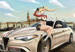 Rule 34 | 1girl, absurdres, alfa romeo, alfa romeo giulia, alternate costume, azur lane, car, character name, cloud, cloudy sky, copyright name, crop top, day, gloves, highres, italian flag, italy, jewelry, kcar66t, key, key necklace, leonardo da vinci (azur lane), license plate, marble (stone), marble floor, motor vehicle, necklace, product placement, race queen, real world location, san giorgio maggiore, scarf, shoes, sitting on car, sky, sneakers, sunglasses, twintails, vehicle focus, venice