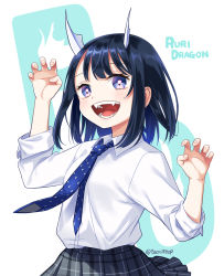 Rule 34 | 1girl, :d, aoki ruri, arm up, text background, blue eyes, blue hair, blue necktie, blush, claw pose, collared shirt, copyright name, dark blue hair, dragon girl, dragon horns, eco (petticoat), fangs, hand up, horns, long sleeves, looking at viewer, medium hair, multicolored eyes, necktie, open mouth, pink eyes, plaid, plaid skirt, pleated skirt, ruri dragon, school uniform, shirt, skirt, sleeves rolled up, slit pupils, smile, solo, swept bangs, twitter username, white shirt