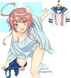 Rule 34 | 10s, 1girl, ahoge, blush, clothes hanger, dated, hair ornament, i-58 (kancolle), kantai collection, long hair, natsuhiko, open mouth, orange hair, pajamas, pink eyes, school swimsuit, school uniform, serafuku, simple background, solo, swimsuit, twitter username, undressing