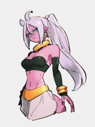 Rule 34 | 1girl, alternate hairstyle, android 21, black sleeves, blue eyes, breasts, cleavage, closed mouth, colored skin, detached sleeves, dragon ball, dragon ball fighterz, earrings, grey background, hoop earrings, jewelry, kemachiku, looking at viewer, majin android 21, medium breasts, navel, pink skin, ponytail, simple background, smile, solo, tail, white hair