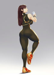 Rule 34 | 1girl, alternate hairstyle, ass, blueorca, bodysuit, bracelet, breasts, brown eyes, brown hair, bun cover, capcom, chun-li, coffee cup, cup, disposable cup, hair down, highres, jewelry, large breasts, long hair, muscular, muscular female, shoes, solo, street fighter, striped, thick thighs, thighs