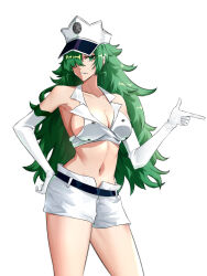 Rule 34 | 1girl, absurdres, aill09, bleach, bleach: sennen kessen-hen, breasts, candice catnipp, cleavage, elbow gloves, female focus, gloves, green eyes, green hair, hair over one eye, hat, highres, large breasts, long hair, matching hair/eyes, midriff, navel, peaked cap, revealing clothes, shorts, sideboob, solo, white gloves, white shorts