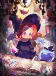 Rule 34 | 1girl, black dress, black headwear, blurry, blurry foreground, book, broom, calligraphy brush, commentary, depth of field, dress, erlenmeyer flask, feathers, flask, flower, flower pot, gem, hat, highres, holding, holding flower, indoors, inkling (language), inkwell, jellyfish (splatoon), leaf, light particles, long sleeves, magic circle, makeup, medium hair, needle, nintendo, octoling, octoling girl, octoling player character, paintbrush, parted lips, plant, potion, purple eyes, red hair, splat bomb (splatoon), spoon, suction cups, sunlight, tentacle hair, vial, window, witch, witch hat, yamagishi chihiro