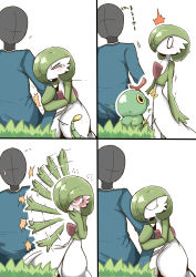 Rule 34 | &gt; &lt;, 1boy, 1girl, afterimage, arm hug, arm up, black eyes, blue shirt, blush, caterpie, closed eyes, colored skin, comic, creatures (company), embarrassed, faceless, faceless male, flat chest, flying sweatdrops, game freak, gardevoir, gen 1 pokemon, gen 3 pokemon, green hair, green skin, hair over one eye, hand up, hands up, highres, japanese text, long sleeves, motion lines, multicolored skin, multiple views, nintendo, poke ball symbol, pokemon, pokemon (creature), red eyes, scared, sequential, shirt, short hair, simple background, standing, surprised, sweat, tazonotanbo, translated, tsundere, two-tone skin, white background, white skin