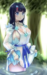 Rule 34 | 1girl, absurdres, artist request, backlighting, bare shoulders, black hair, blue eyes, blue ribbon, blush, breasts, collarbone, dress, fate/grand order, fate/requiem, fate (series), highres, jewelry, large breasts, long sleeves, looking at viewer, magatama, magatama hair ornament, medium hair, multicolored hair, necklace, open mouth, pelvic curtain, pink hair, puffy long sleeves, puffy sleeves, ribbon, seigaiha, short dress, sideboob, sideless outfit, streaked hair, thighs, tree, utsumi erice, wading, water, wet, wet clothes, white dress