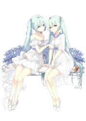 Rule 34 | 2girls, asahi kuroi, bench, blue eyes, blue hair, collarbone, dress, dual persona, full body, hair between eyes, hatsune miku, high heels, highres, layered dress, long hair, multiple girls, pleated dress, pumps, short dress, signature, simple background, sitting, smile, striped clothes, striped dress, twintails, very long hair, vocaloid, white background, white dress, white footwear