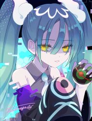 Rule 34 | 1girl, absurdres, bare shoulders, black sleeves, bow, commentary, creatures (company), detached sleeves, game freak, ghost miku (project voltage), glitch, green hair, grey shirt, hair bow, hatsune miku, highres, holding, holding poke ball, long bangs, long hair, long sleeves, looking at viewer, naguno-0713, nail polish, nintendo, parted lips, poke ball, pokemon, project voltage, shirt, sidelocks, sleeveless, sleeveless shirt, solo, teeth, twintails, upper body, very long hair, vocaloid, white bow, white nails, wispy bangs, yellow eyes