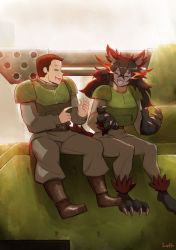 Rule 34 | 1boy, 1girl, :d, animal ears, animal hands, armor, astra militarum, barefoot, brown footwear, brown hair, claws, closed eyes, colored skin, commentary, commission, crossover, english commentary, grey pants, grey shirt, grey skin, hellhound (monster girl encyclopedia), highres, long hair, lutherniel, military, military vehicle, monster girl, monster girl encyclopedia, motor vehicle, open mouth, pants, pauldrons, shirt, shoulder armor, signature, sitting, smile, tank, warhammer 40k, wolf ears